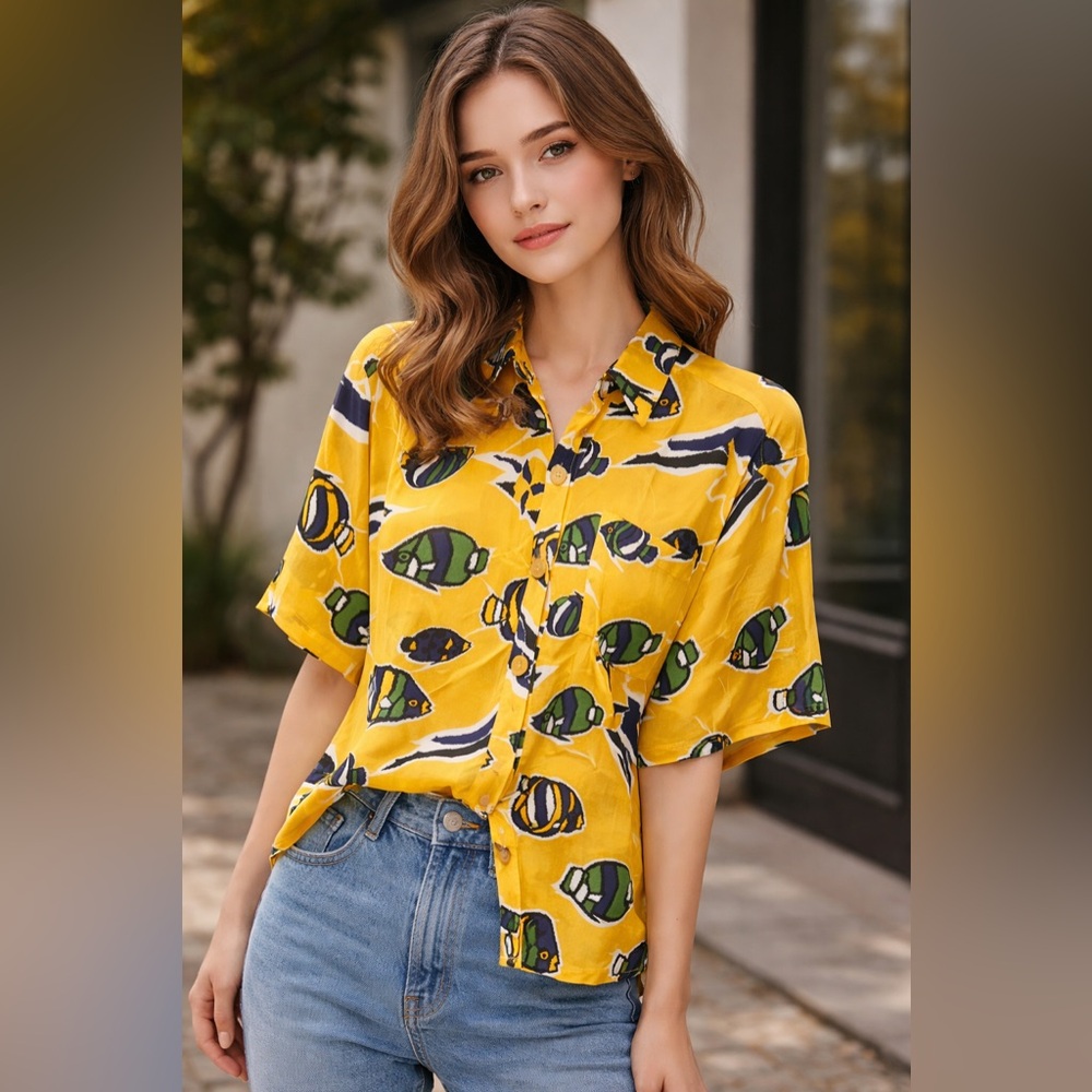 Char 100% Silk‎ Yellow Fish Print Button-Up Blouse Size M
